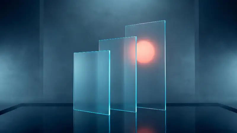 Trois panneaux de verre translucides de hauteurs croissantes, éclairés en cyan
