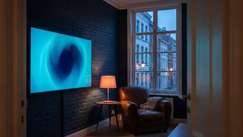 Télécommande dirigée vers un téléviseur allumé dans un salon sombre