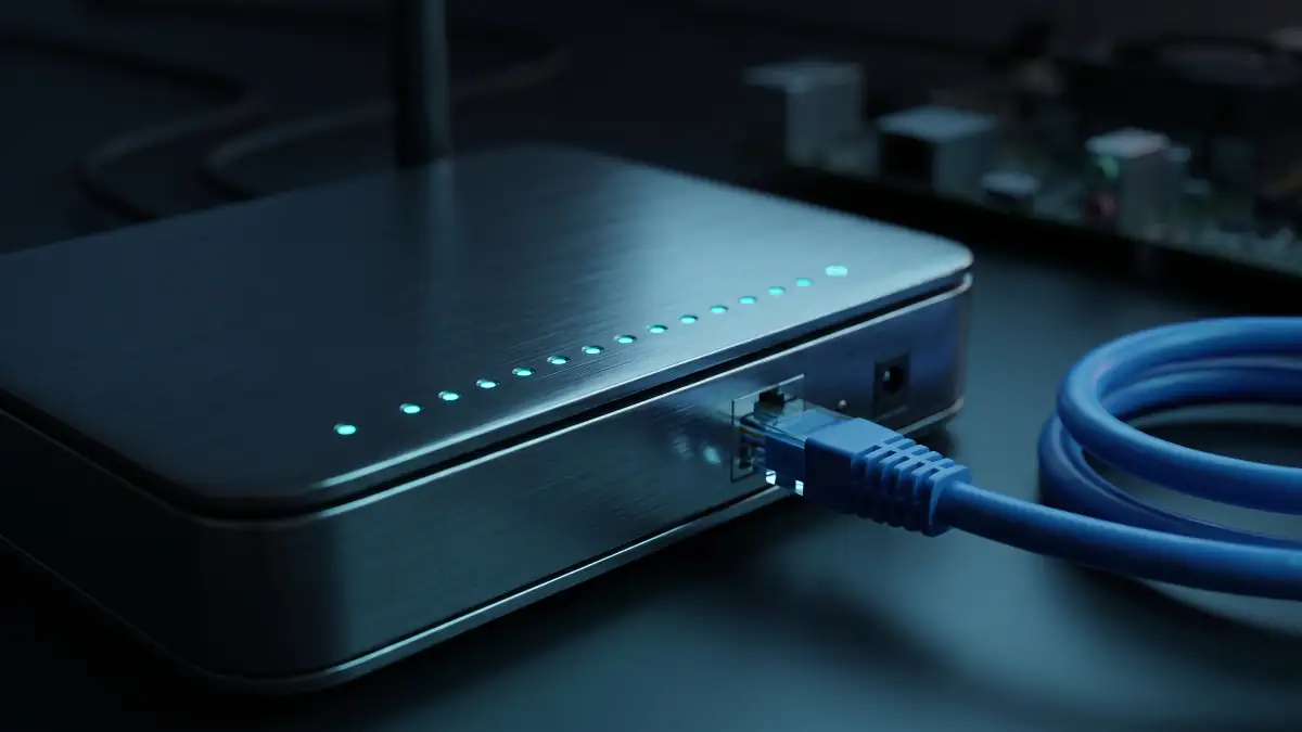 Modem internet aux voyants cyan avec un câble ethernet branché