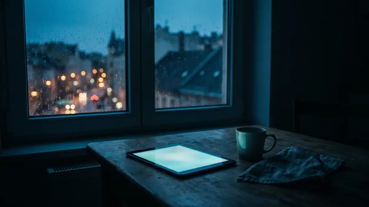 Tablette allumée dans un appartement la nuit, ville étrangère floue derrière une fenêtre mouillée