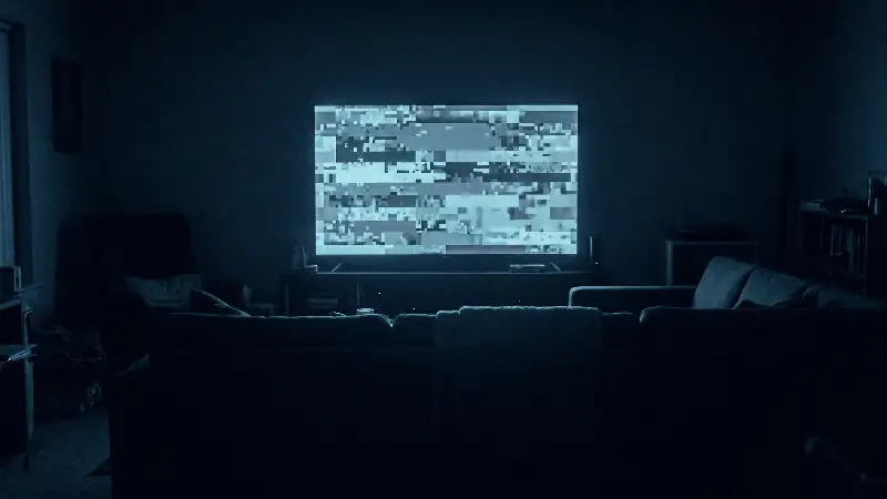 Téléviseur affichant une image figée et pixelisée dans un salon sombre