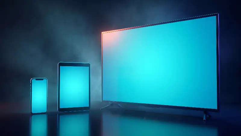 Un téléphone, une tablette et un téléviseur alignés sur une surface sombre, écrans allumés en cyan