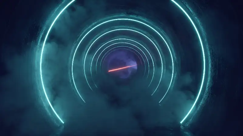 Tunnel d'anneaux lumineux cyan évoquant une connexion chiffrée