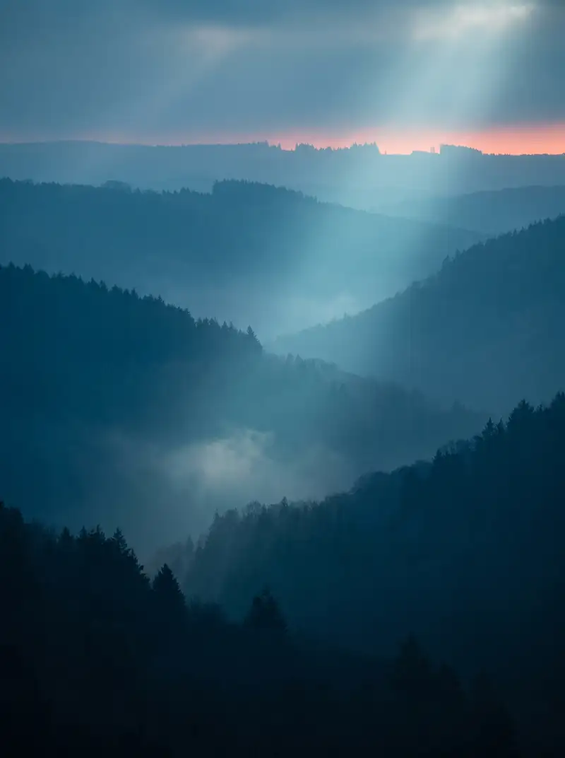 Vallée forestière des Ardennes dans la brume au lever du jour