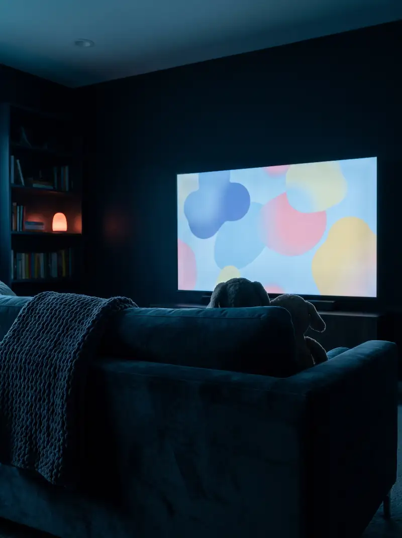Salon familial sombre, écran diffusant une animation aux formes douces