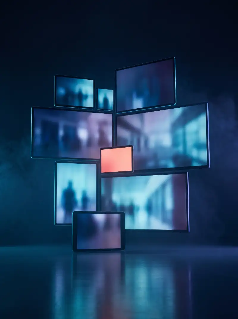 Écrans de tailles différentes diffusant des séries dans un studio sombre