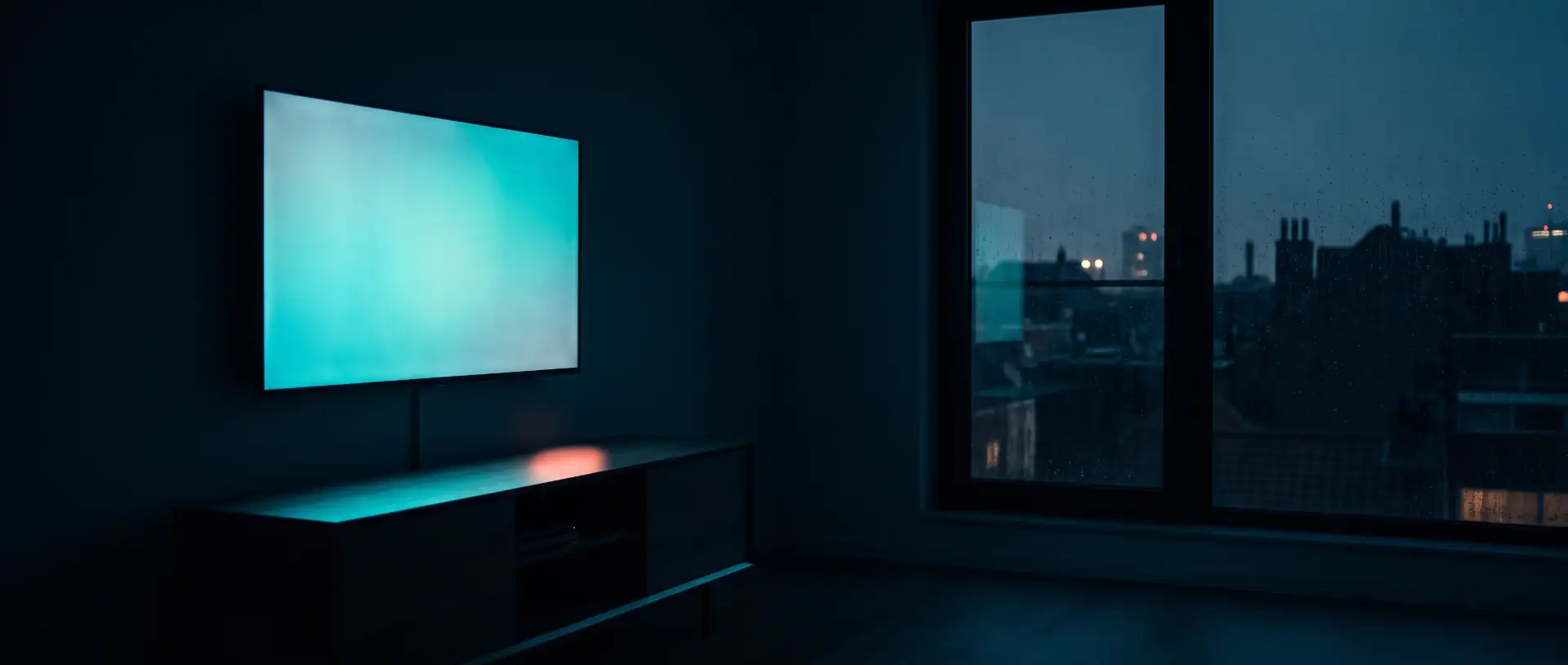 Téléviseur allumé dans un appartement sombre, toits d'une ville belge sous la pluie derrière la fenêtre
